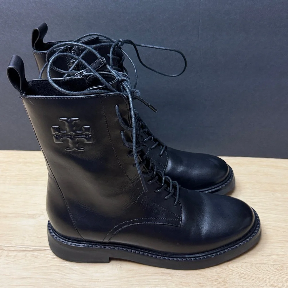 Tory Burch Black Embossed Logo Leather Lace-Up Boots, SIZE 8